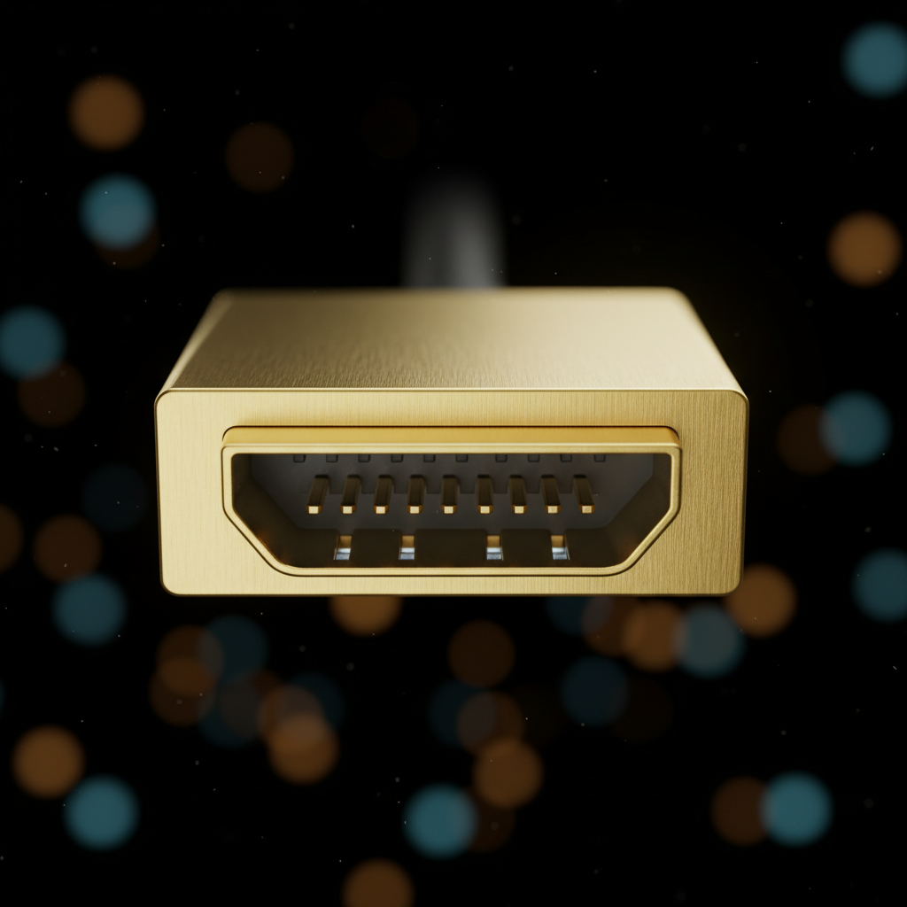 금도금된 HDMI 2.1 커넥터의 정밀한 근접 촬영 이미지로 금속 하우징 내부의 19개 핀이 선명하게 보이며 어두운 배경에 은은한 보케 조명이 어우러진 고품질 사진