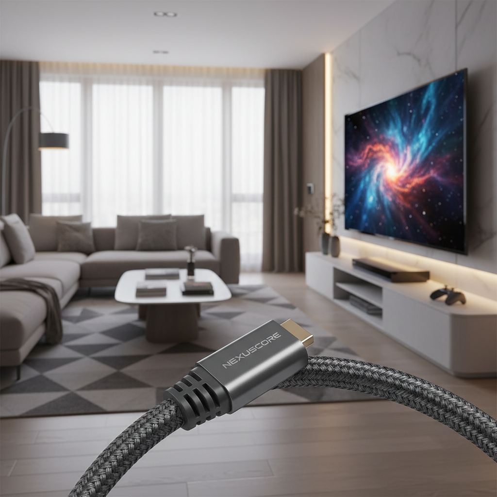 세련된 거실에서 두꺼운 나일론 편조 HDMI 케이블이 슬림형 4K OLED TV와 최신 게임 콘솔을 연결하는 모습으로 화면의 화려한 색상이 케이블 표면에 반사되는 전문적인 라이프스타일 샷