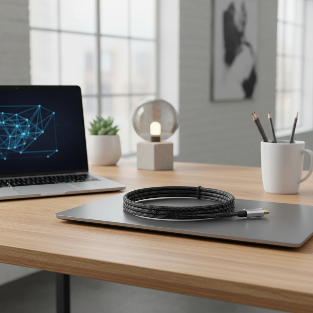 밝은 오크색 목재 책상 위에 깔끔하게 감겨 있는 프리미엄 HDMI 케이블과 현대적인 노트북 및 미니멀한 소품들이 배치된 깨끗하고 전문적인 워크스페이스 컨셉 이미지