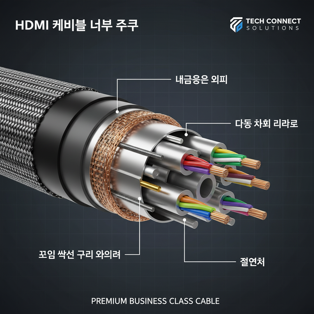HDMI 케이블의 내부 구조를 보여주는 3D 렌더링 이미지로 다중 차폐 레이어와 꼬임 쌍선 구리 와이어 및 내구성이 뛰어난 외피를 시각적으로 설명하는 교육적 그래픽